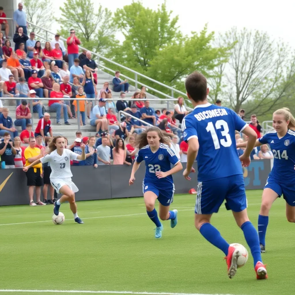 High school soccer players competing at the Iowa state championship