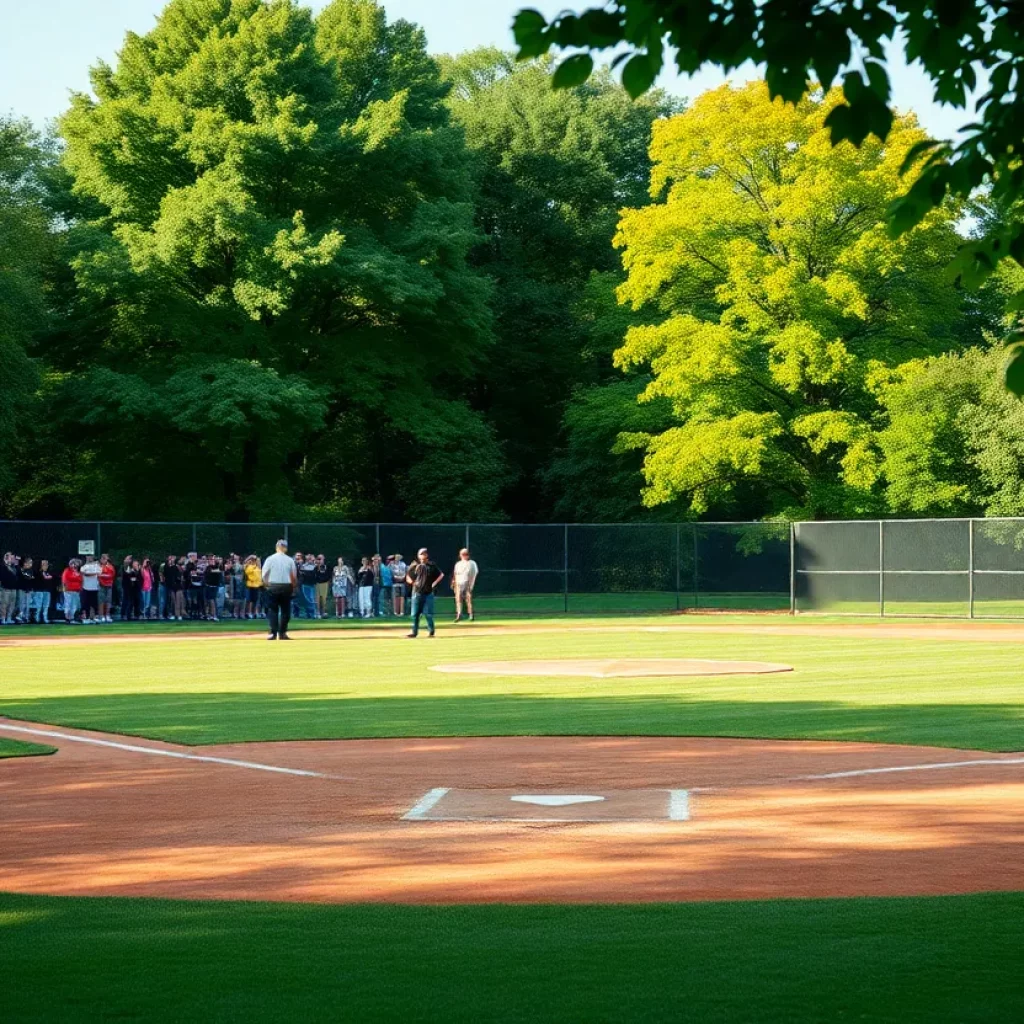A scenic view of the softball field at Mercer Park with trees and fans in the background.