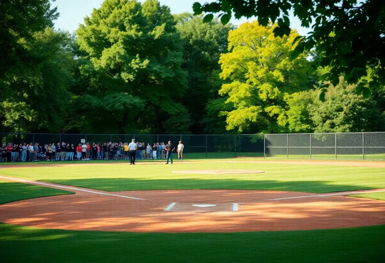 A scenic view of the softball field at Mercer Park with trees and fans in the background.