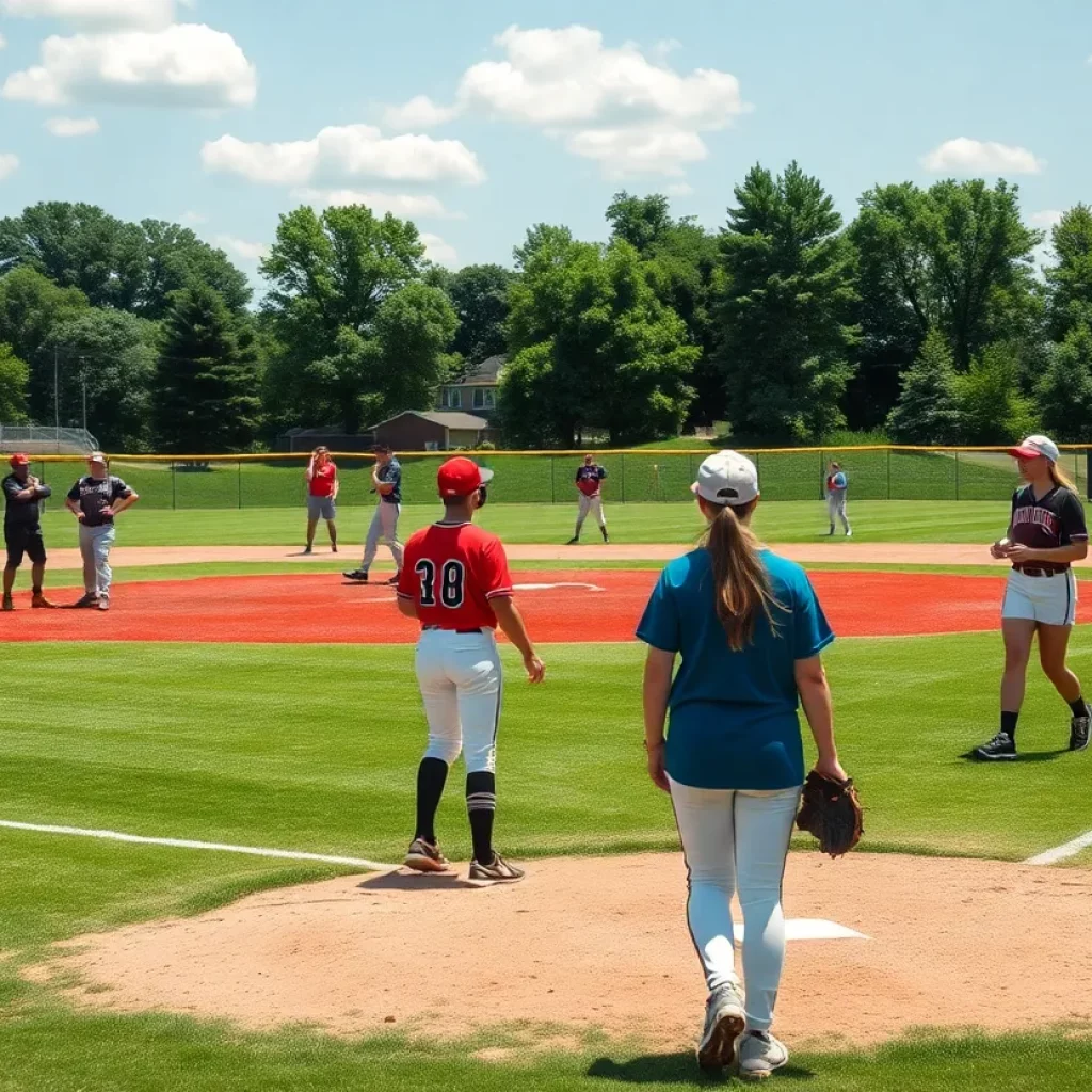High school baseball and softball players on the field in Iowa