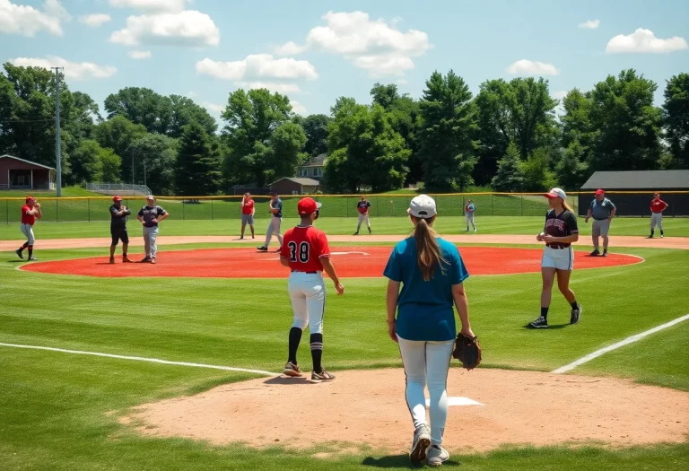 High school baseball and softball players on the field in Iowa