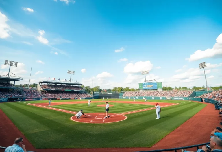 Players practicing baseball on a sunny field