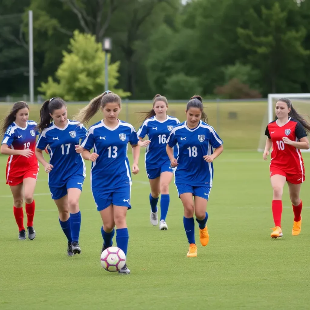 Female high school soccer players practicing on the field in Iowa