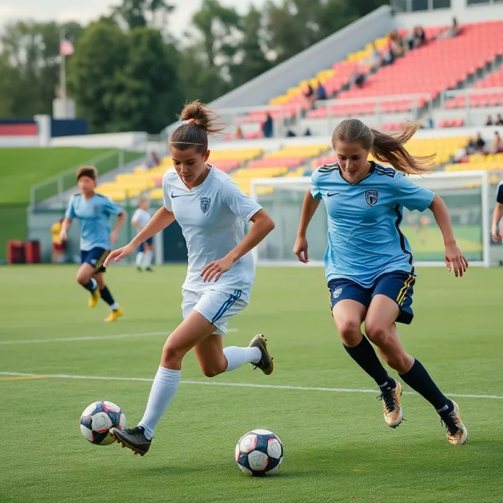 Players competing in a high school soccer match in Iowa.