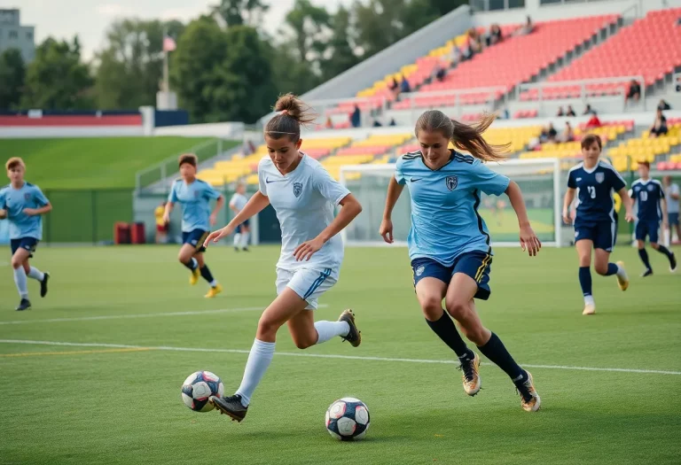 Players competing in a high school soccer match in Iowa.