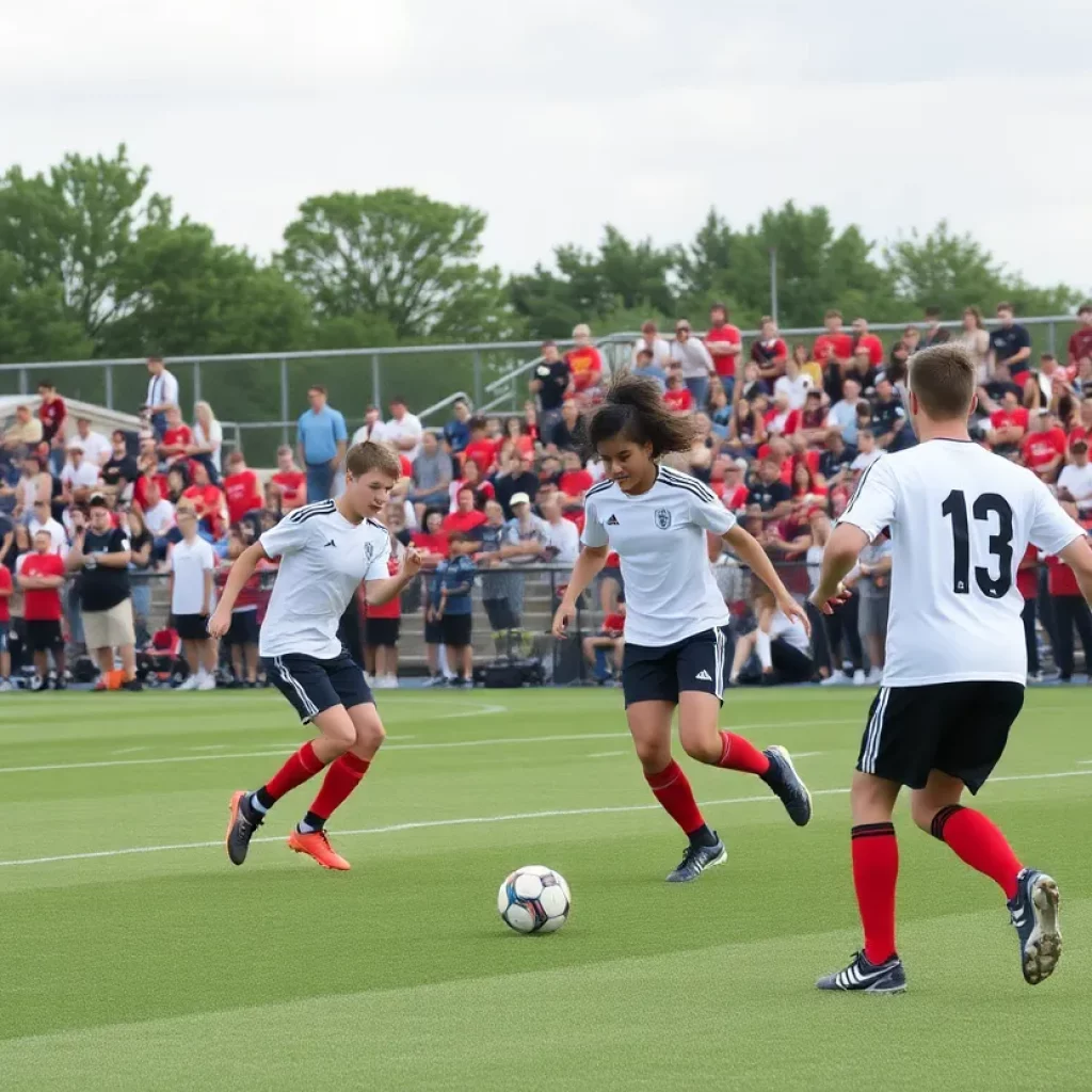 High school soccer players in action during a match in Iowa.