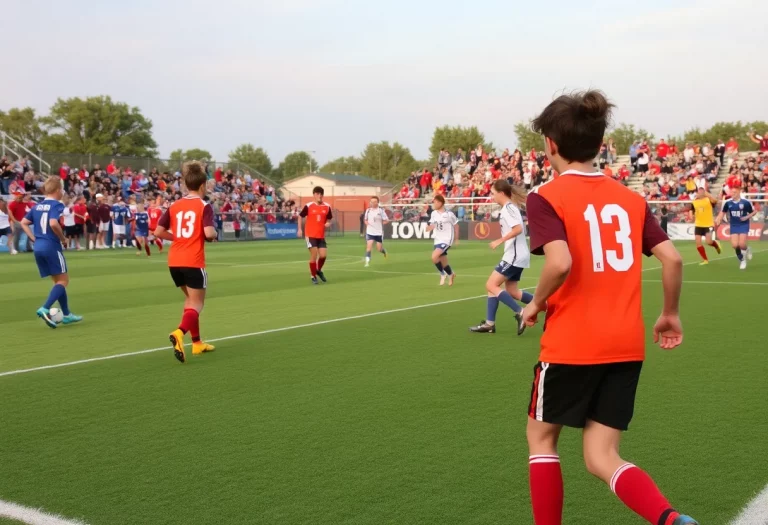 High school soccer players in Iowa during a game