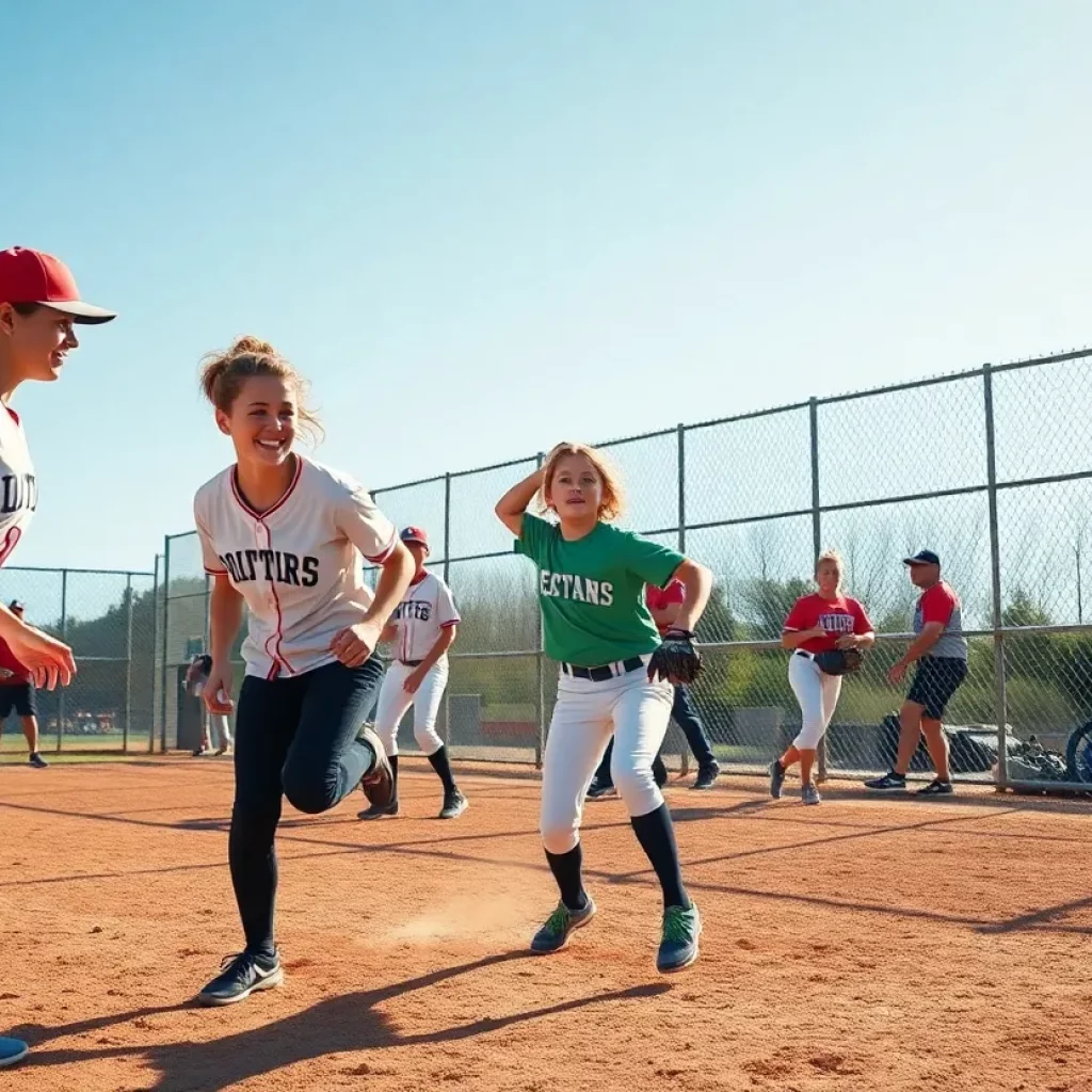 Players competing in an Iowa high school softball game