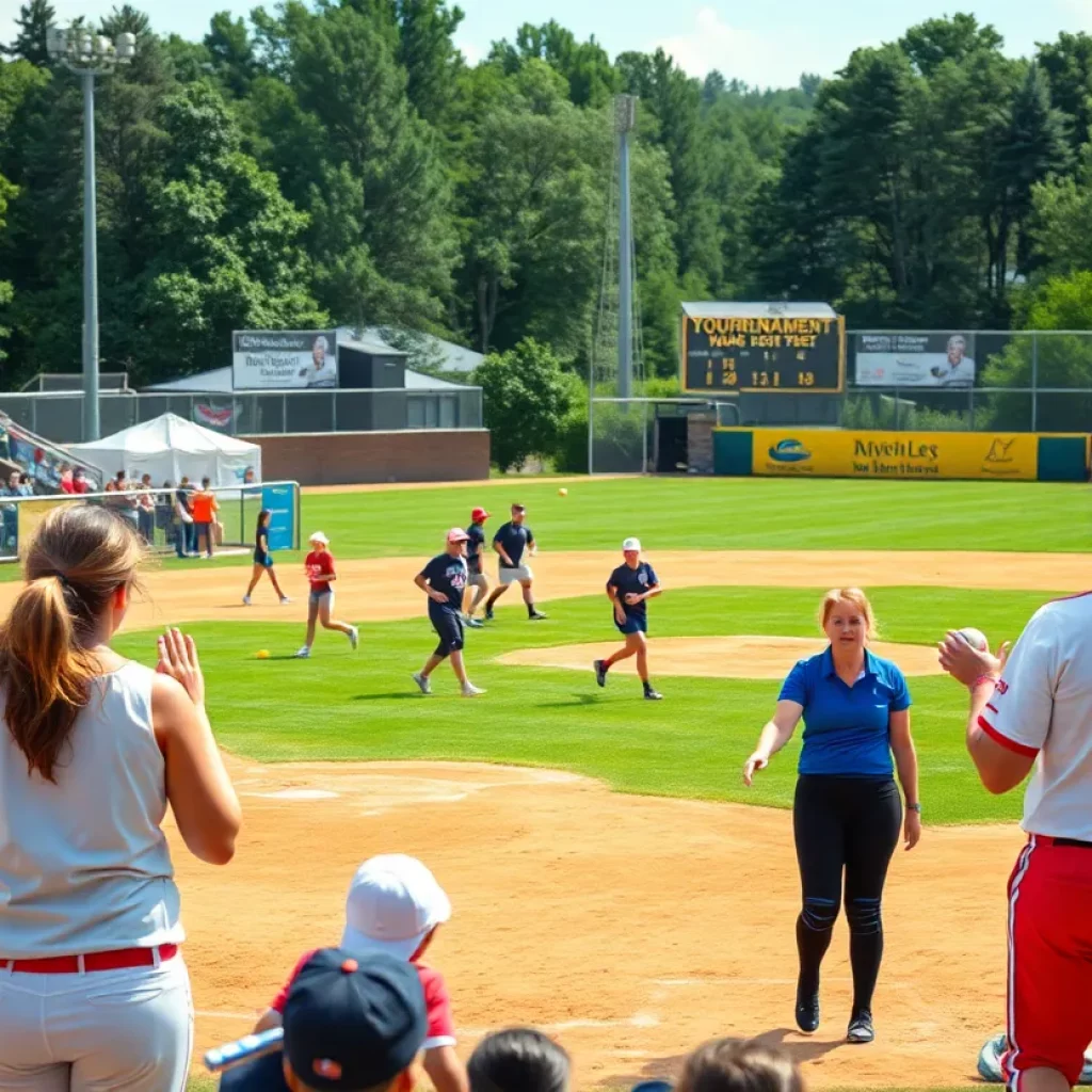 Exciting scene from Iowa high school softball tournament with players and fans.