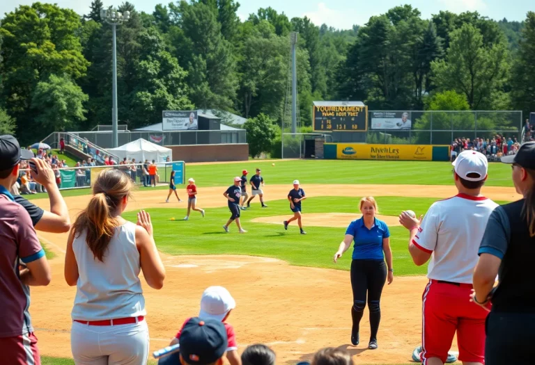 Exciting scene from Iowa high school softball tournament with players and fans.