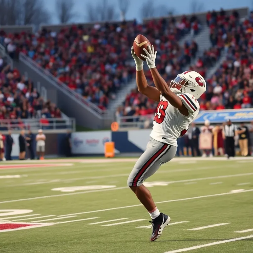 Wide receiver making a catch during a high school football game