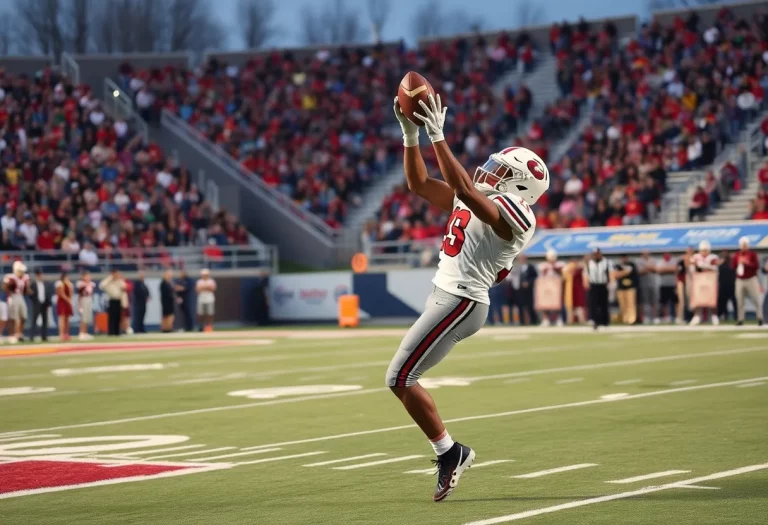 Wide receiver making a catch during a high school football game