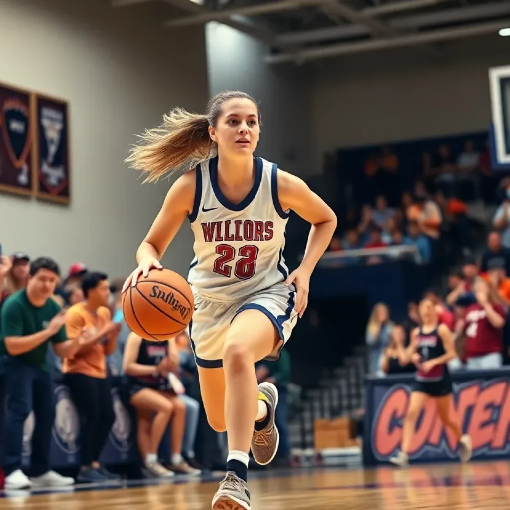 Female athlete dribbling basketball in a college setting