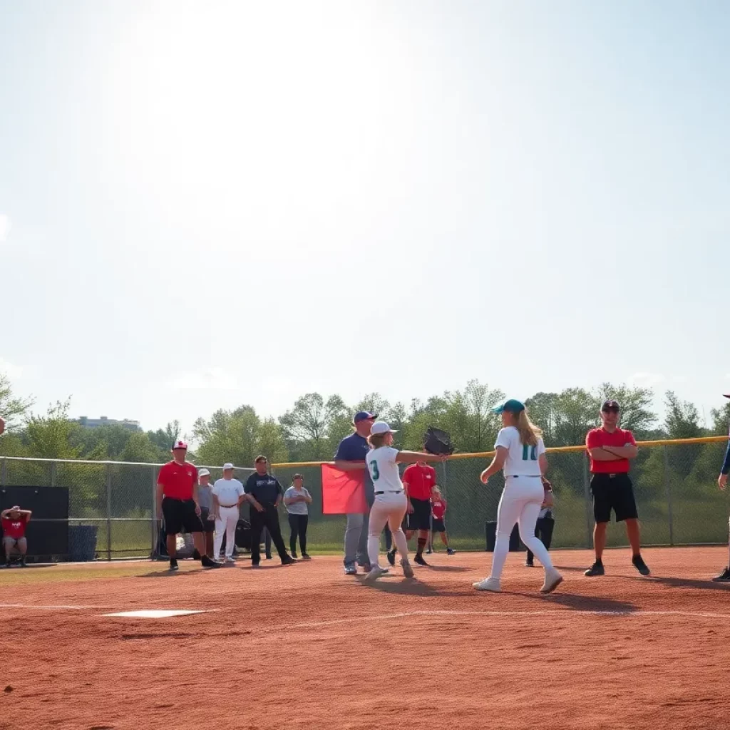 High school softball players on the field during a game