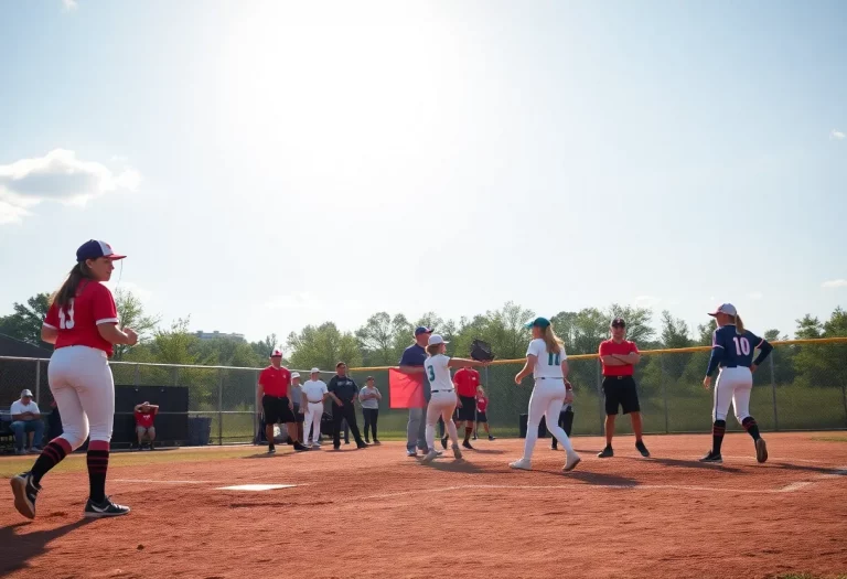 High school softball players on the field during a game