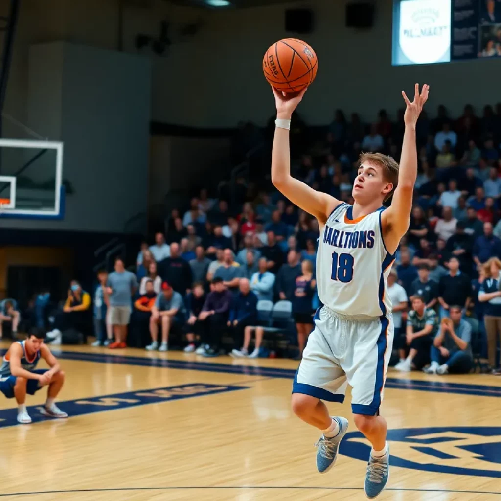 High school basketball player shooting the ball during a game.