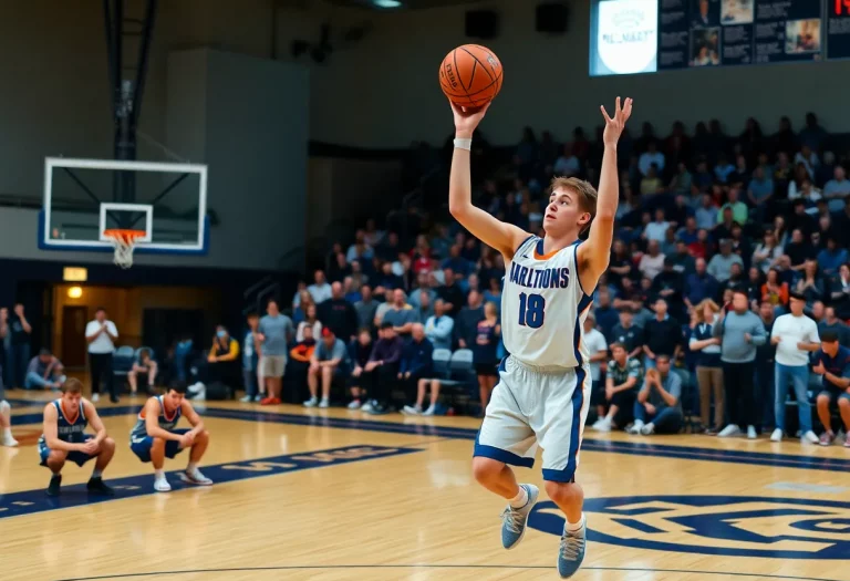 High school basketball player shooting the ball during a game.