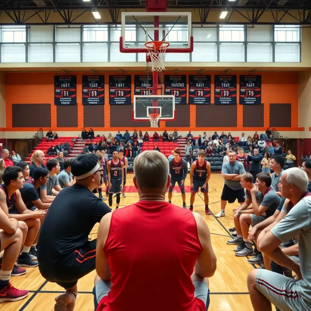 Concerned parents and players in basketball gym discussing allegations.