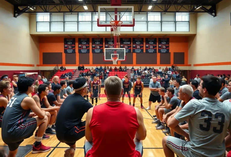 Concerned parents and players in basketball gym discussing allegations.