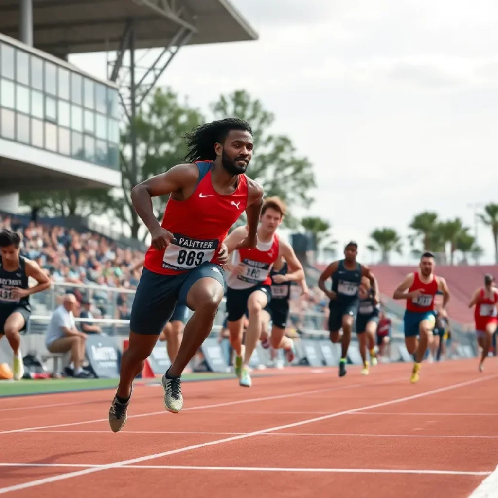 Athletes competing in a track and field relay race