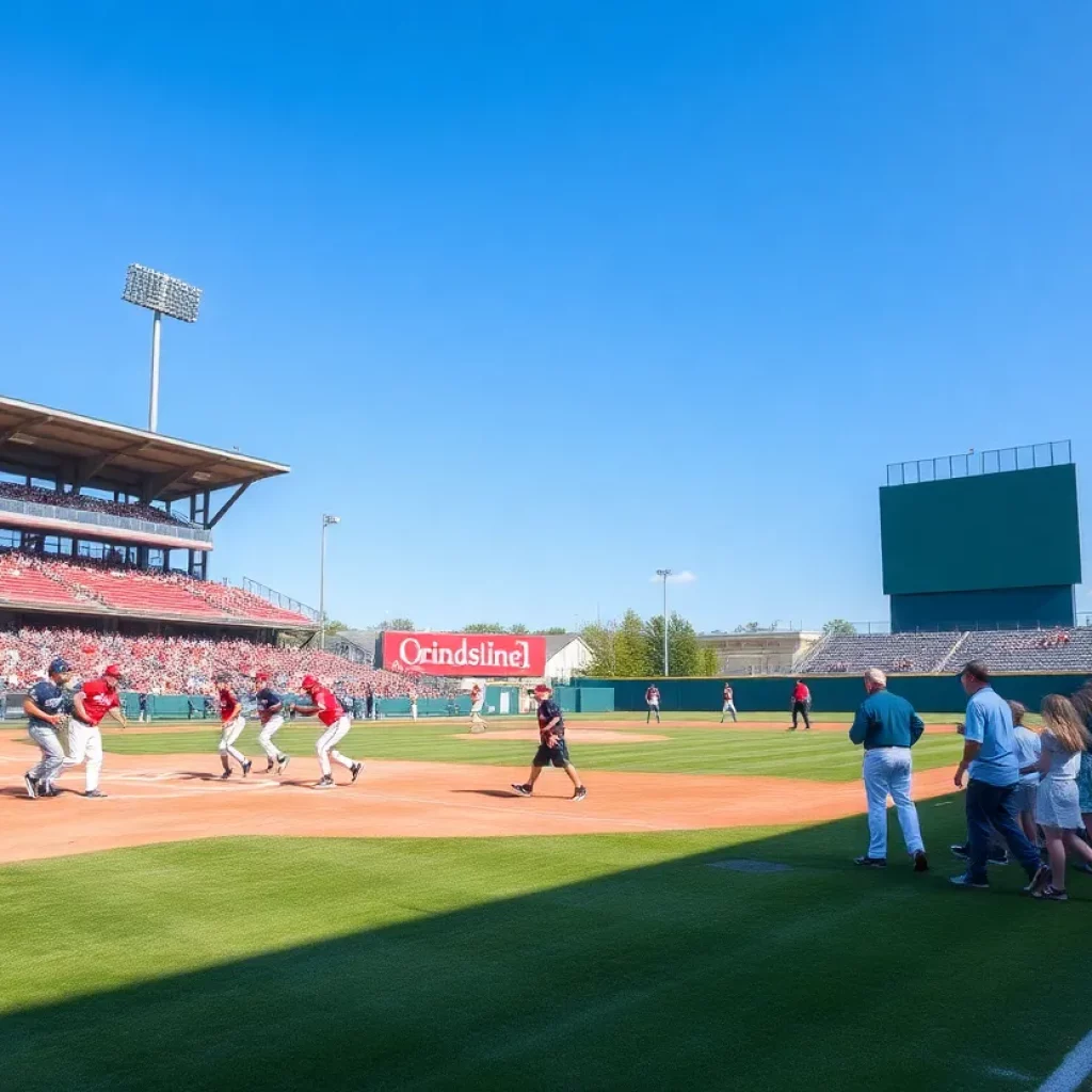 Baseball players in action during Kansas high school baseball season opening day.