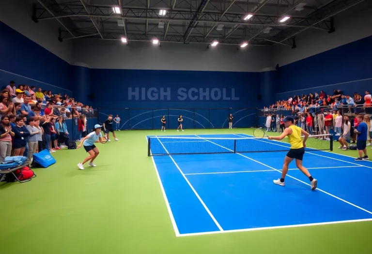 Players competing in the Kansas High School Boys Tennis Championships on a bright sunny day