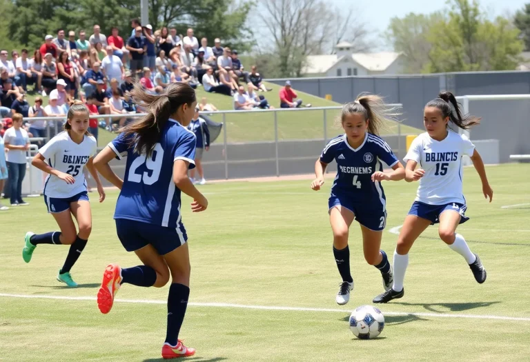 Girls high school soccer players competing on the field in Kansas during the quarterfinals.