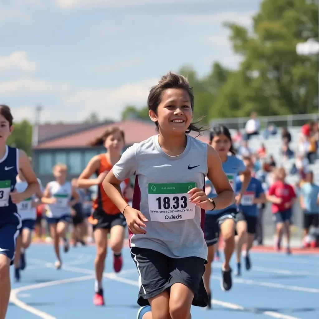 Young athletes competing in a track and field event at the Kansas State Meet.