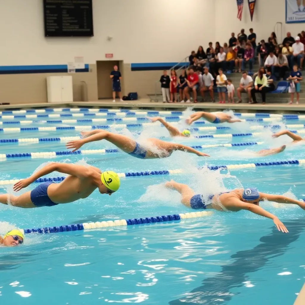 Swimmers competing in a high school swim meet.