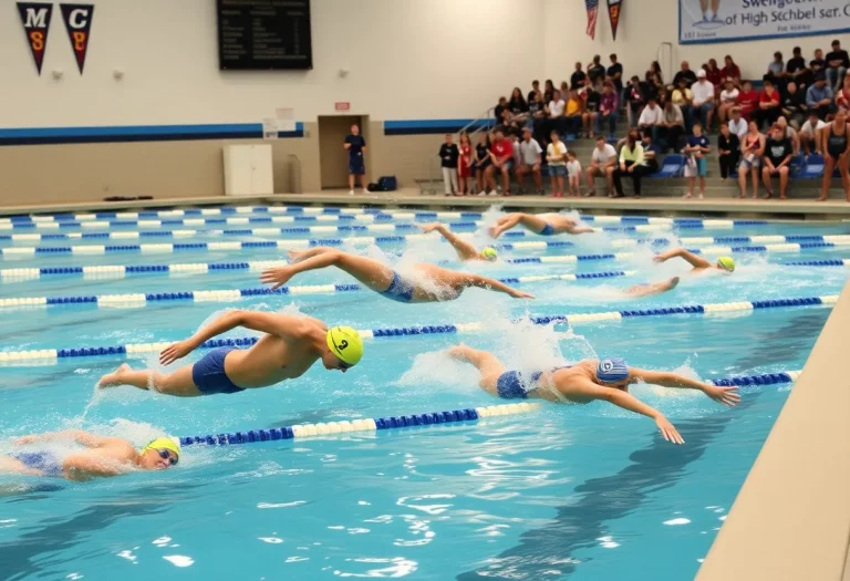 Swimmers competing in a high school swim meet.