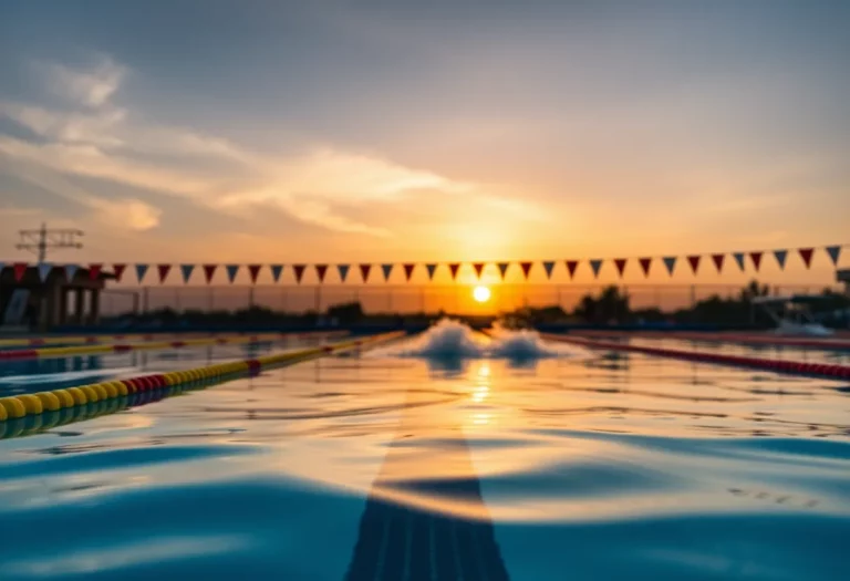 Keller High School swimming pool with swimmers training