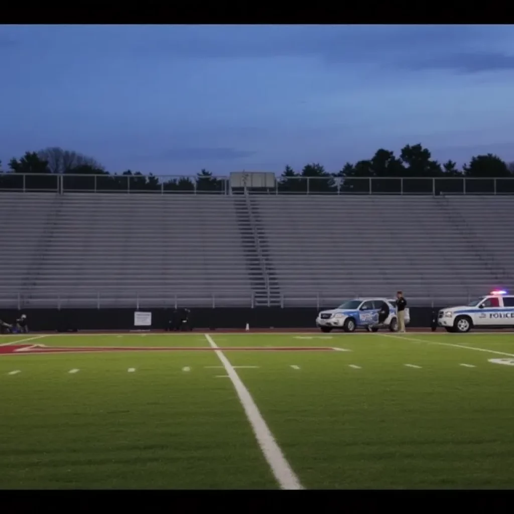 Empty football field at night with police presence