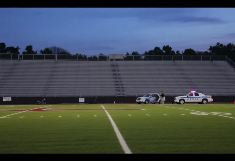 Empty football field at night with police presence
