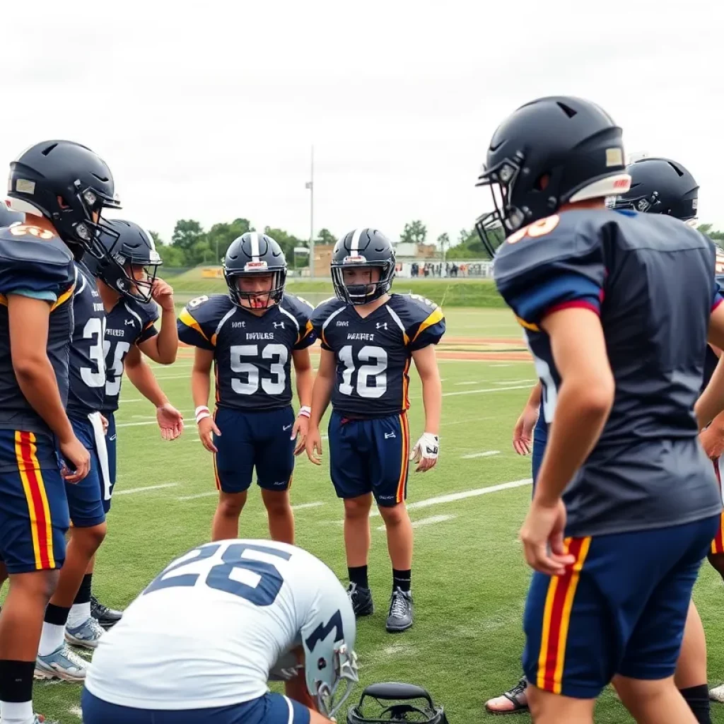 Young football players in a huddle on the field