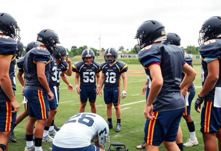 Young football players in a huddle on the field