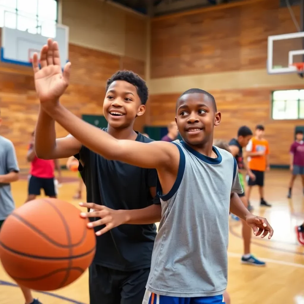 Young athletes practicing basketball in a community gym
