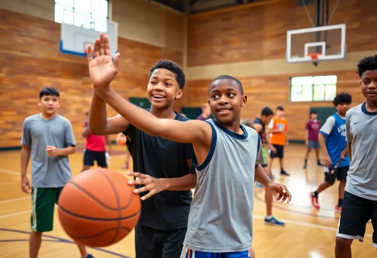 Young athletes practicing basketball in a community gym