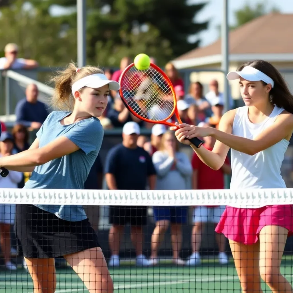 Two high school female tennis players competing in a doubles match.