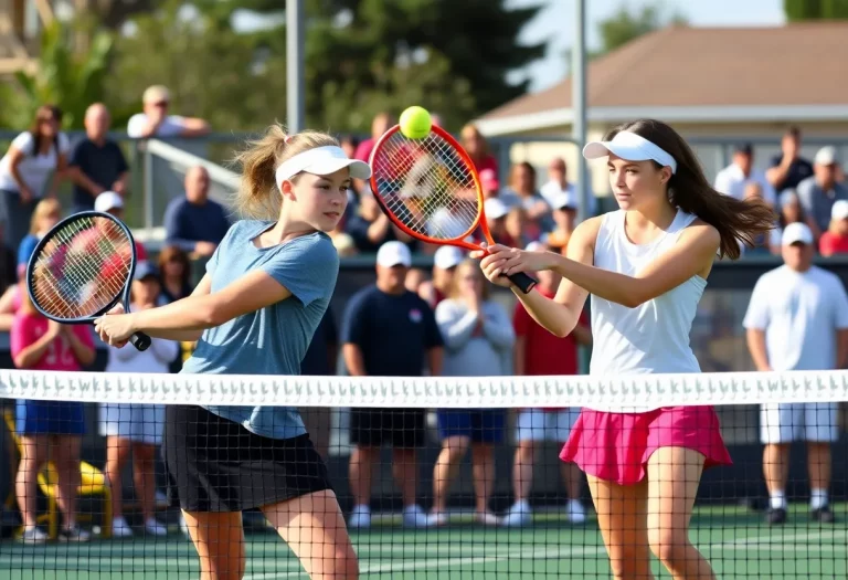 Two high school female tennis players competing in a doubles match.