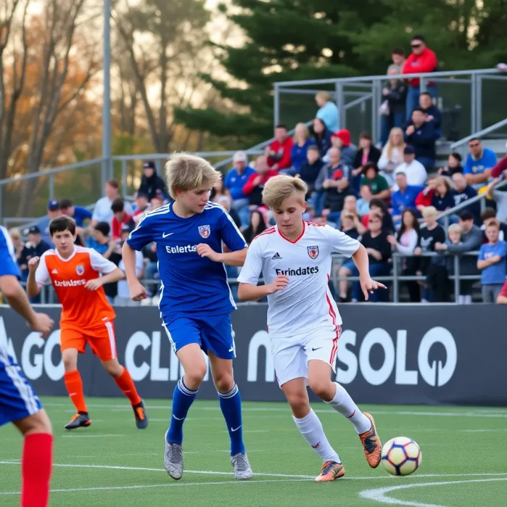 Boys soccer players in action during a match in Lincoln.