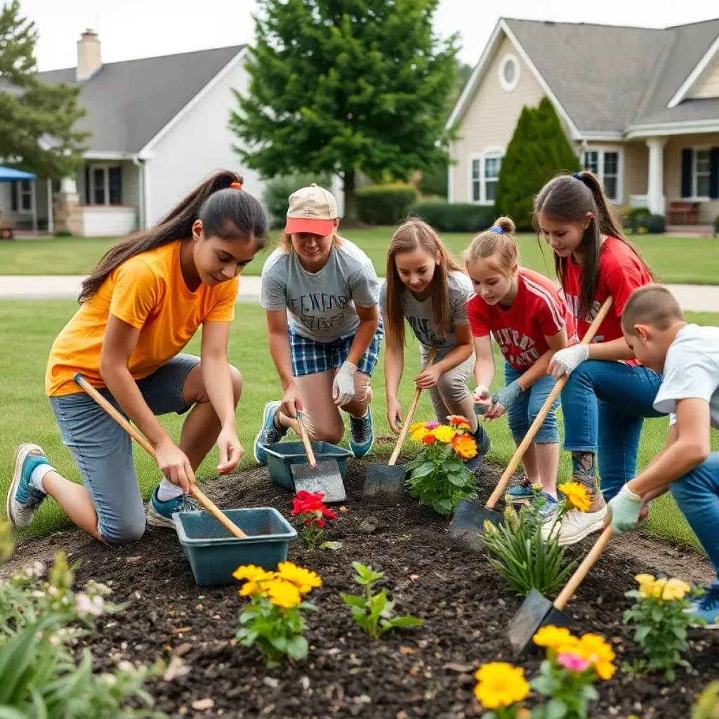 Football team helping in a yard for a teacher battling cancer