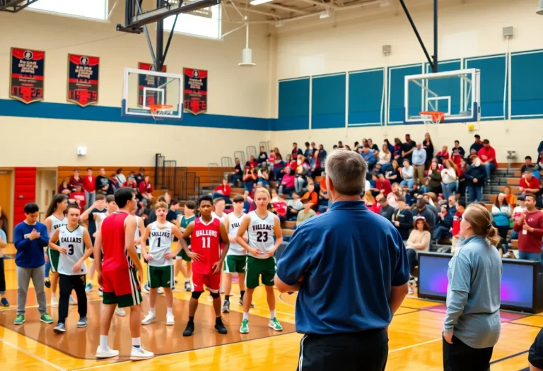 Players from Lincoln High School basketball team on the court