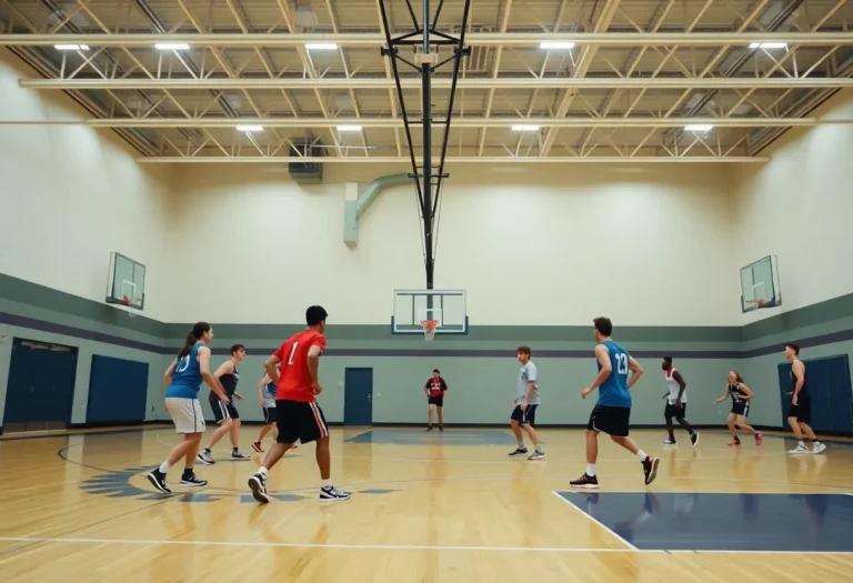 High school basketball players practicing on the court