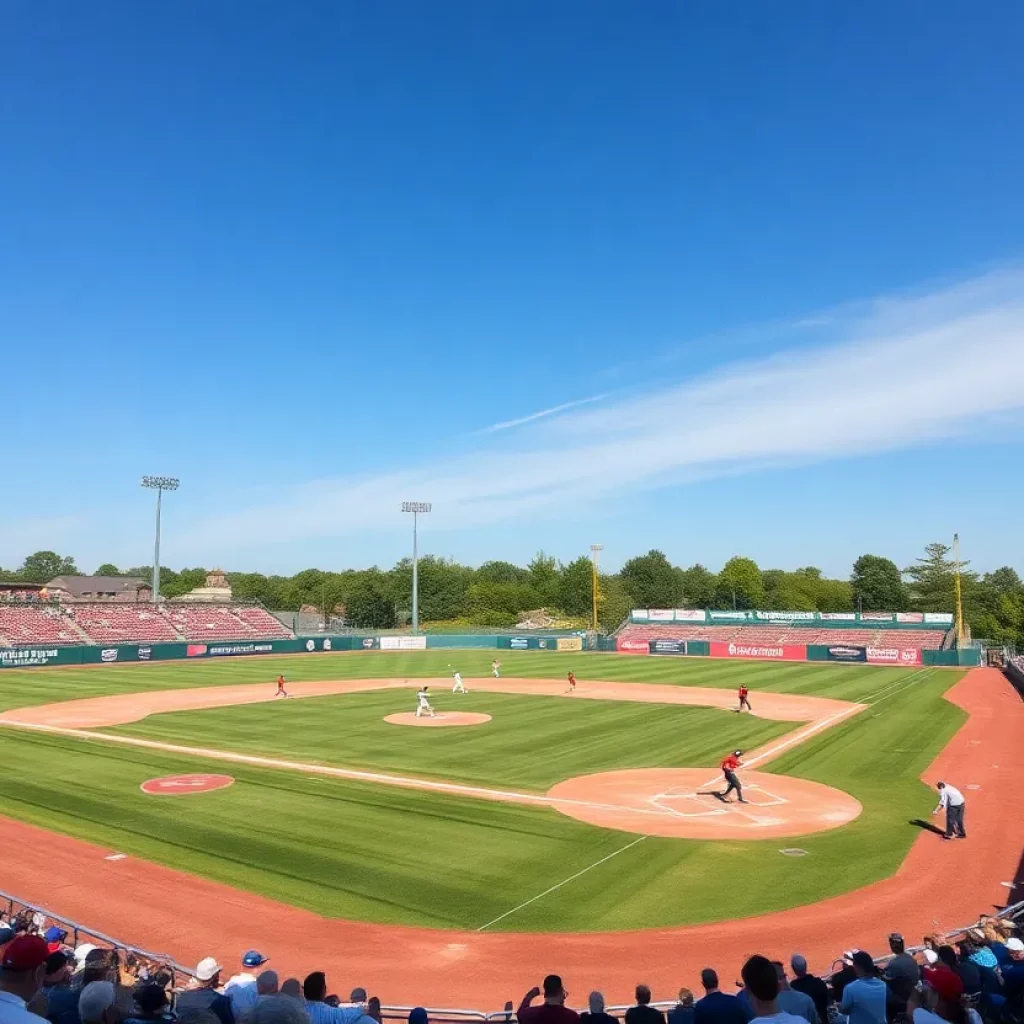 Baseball players from high schools practicing on a sunny day