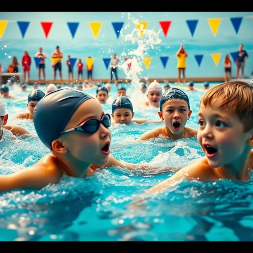 Young swimmers competing in a vibrant pool setting