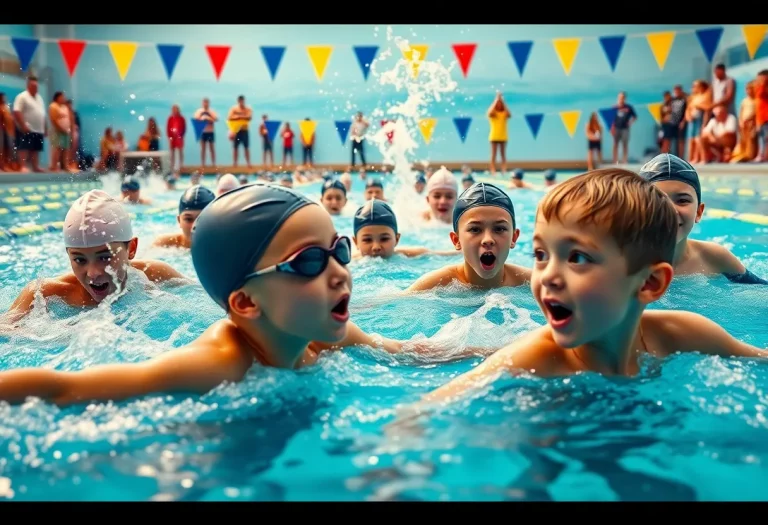 Young swimmers competing in a vibrant pool setting