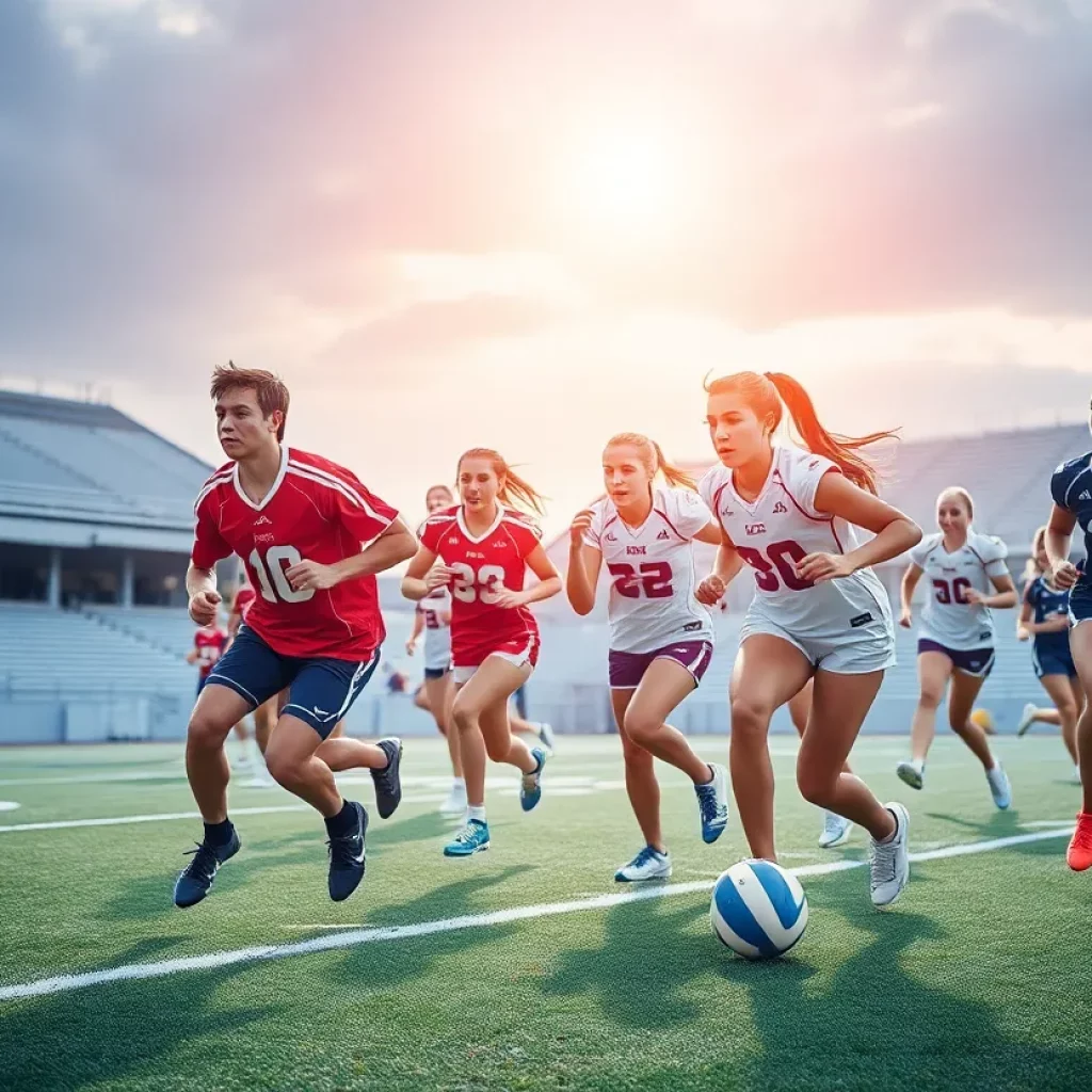 High school athletes competing in various sports under stadium lights
