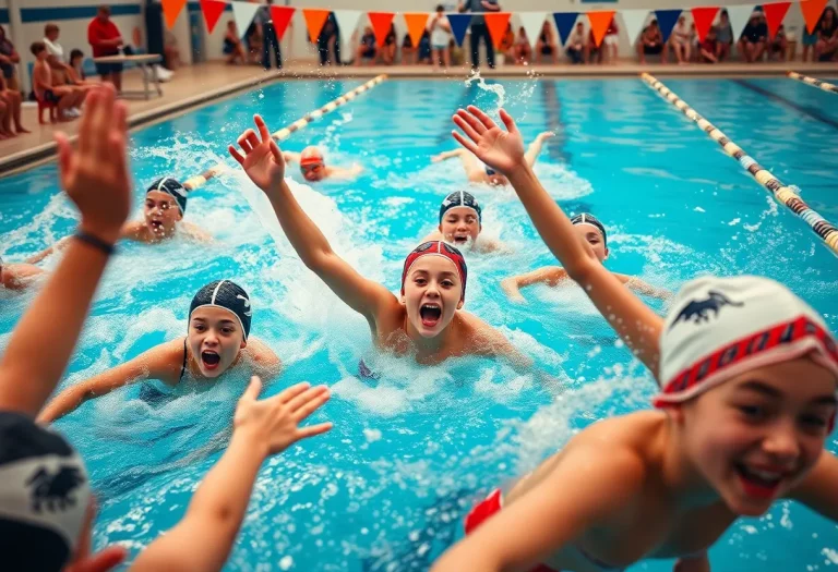 Lower Merion swimming team competing in a relay race