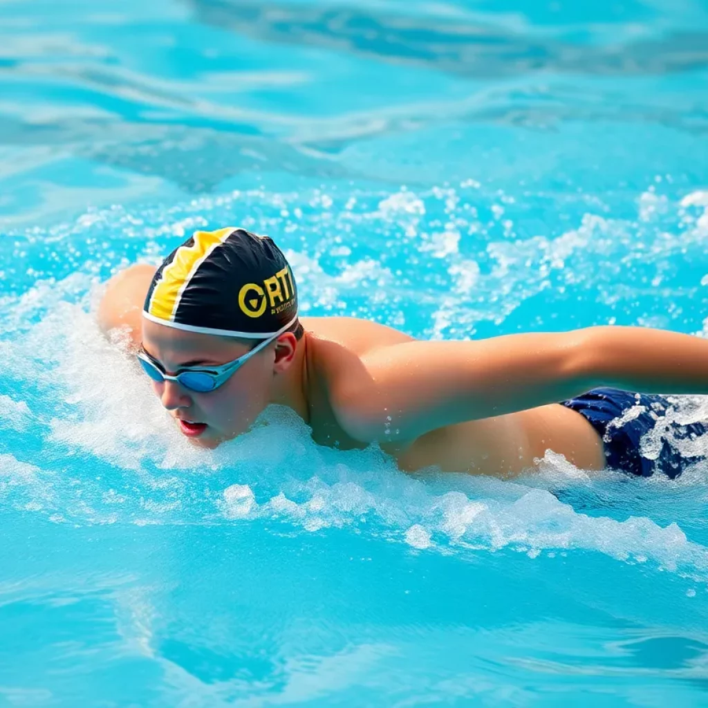 Young swimmer breaking a record in a competitive freestyle race.