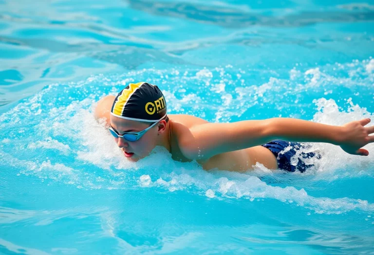 Young swimmer breaking a record in a competitive freestyle race.